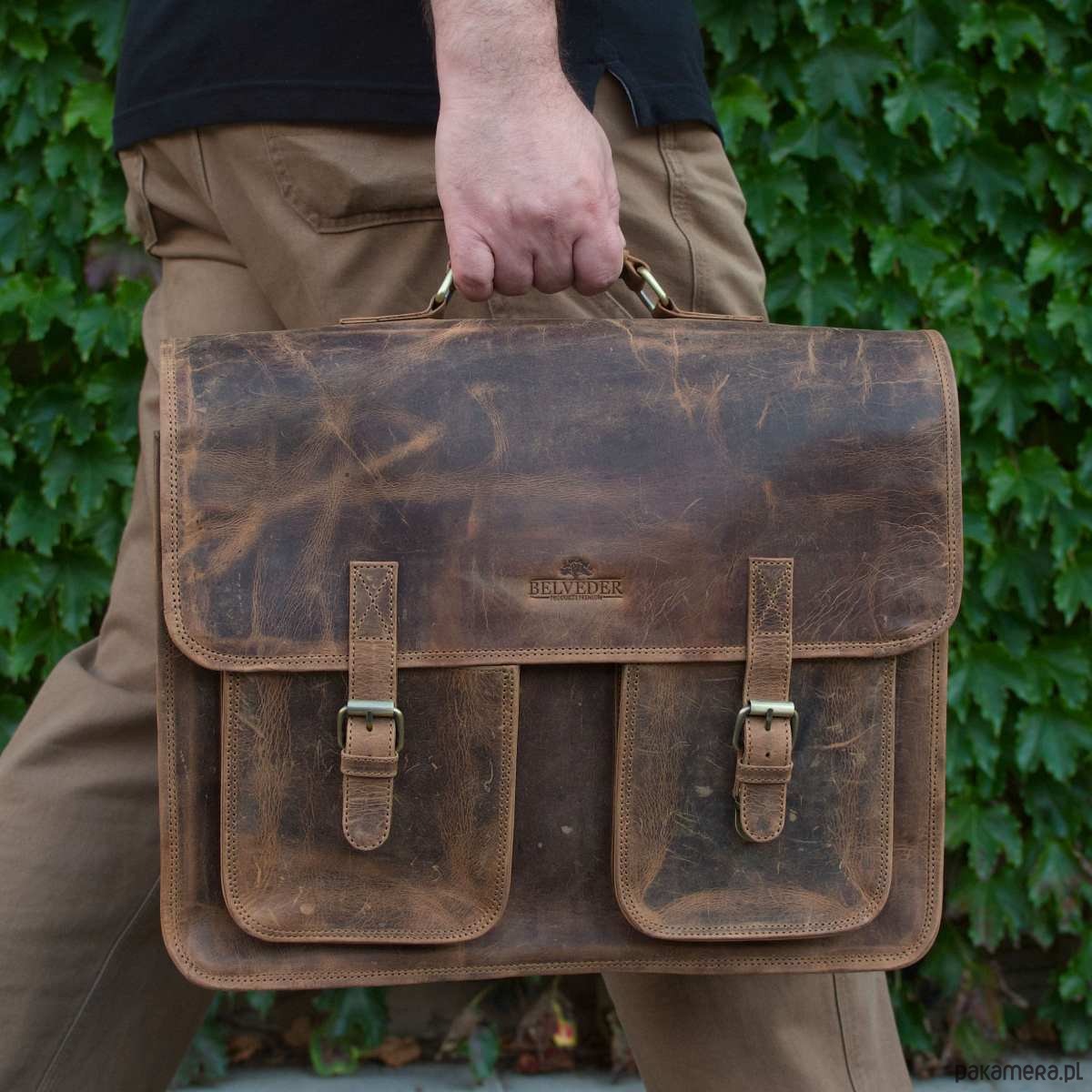 torby i nerki męskie Belveder Brązowa Torba do Pracy z kieszeniami Skóra Buffalo Vintage MB44 1
