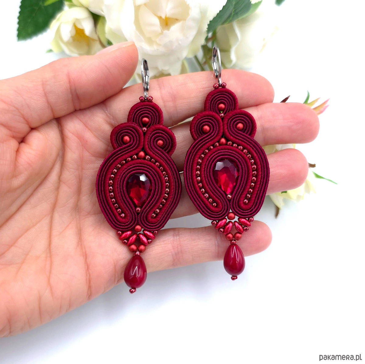 kolczyki soutache Kolczyki sutasz bordowe Verra wiszące z kryształkami 1