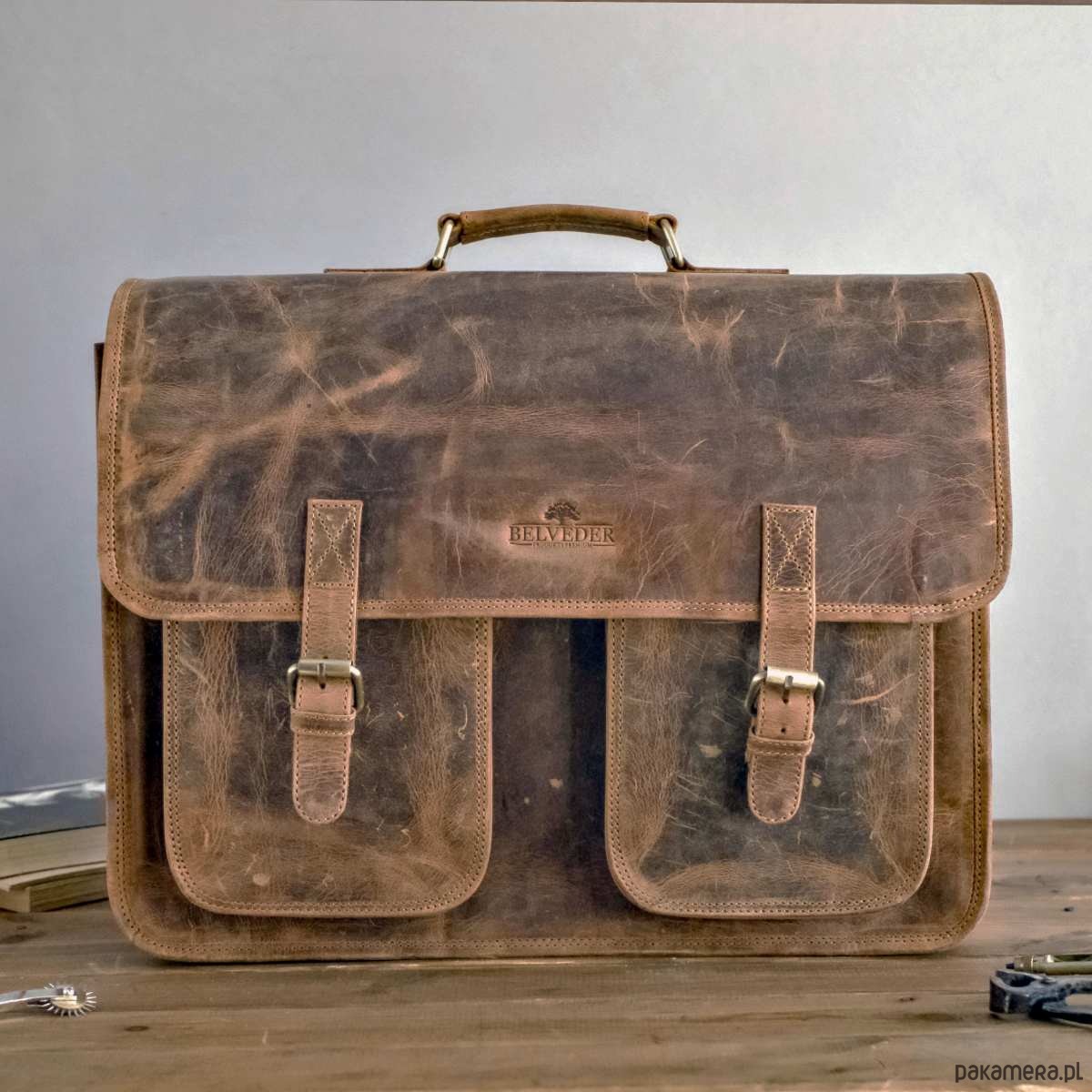 torby i nerki męskie Belveder Brązowa Torba do Pracy z kieszeniami Skóra Buffalo Vintage MB44 3