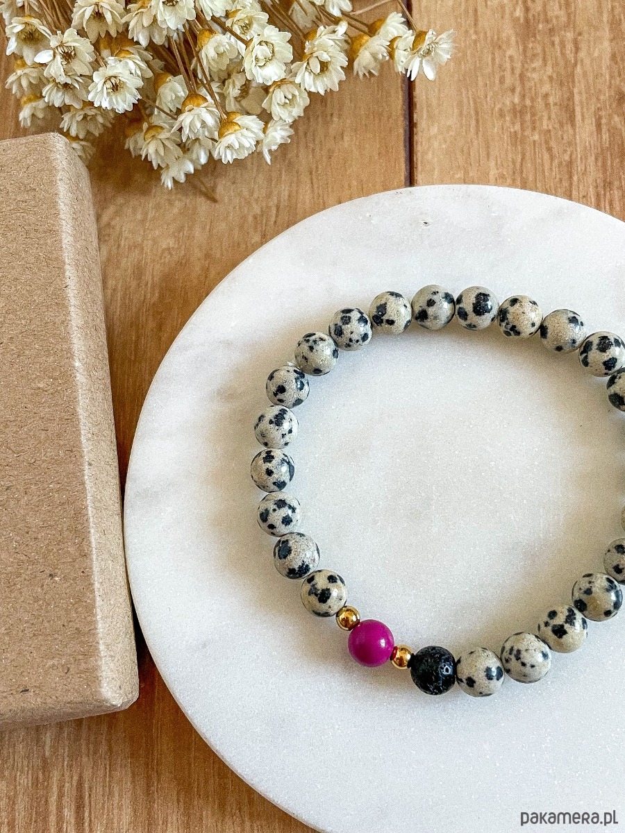 bransoletki z kamieni naturalnych Bransoletka z jaspisu dalmatyńskiego z różowym oczkiem 1