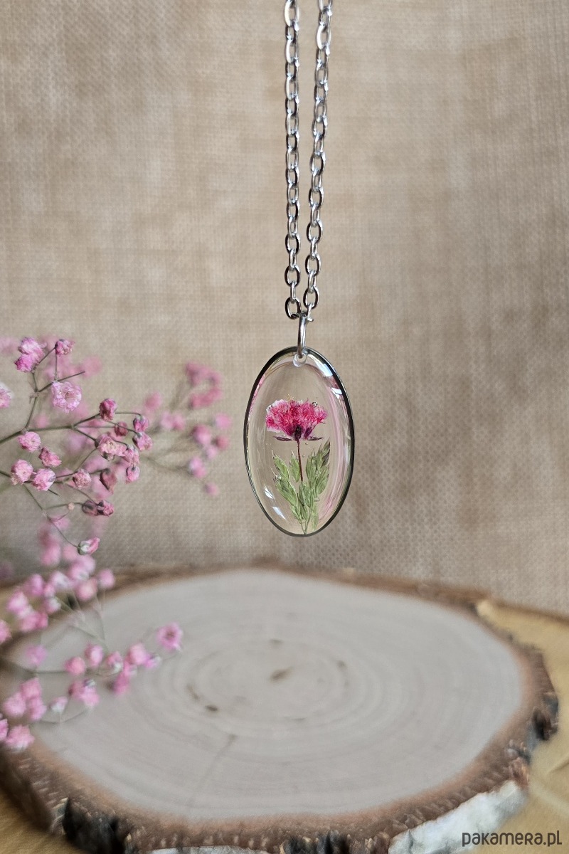 wisiory Srebrna zawieszka jajowata suszone kwiatowy bukiet różowa 1