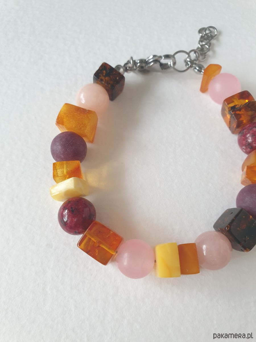 bransoletki z kamieni naturalnych Bransoletka SZASZŁYK bursztyn, jadeit, bordo róż 3