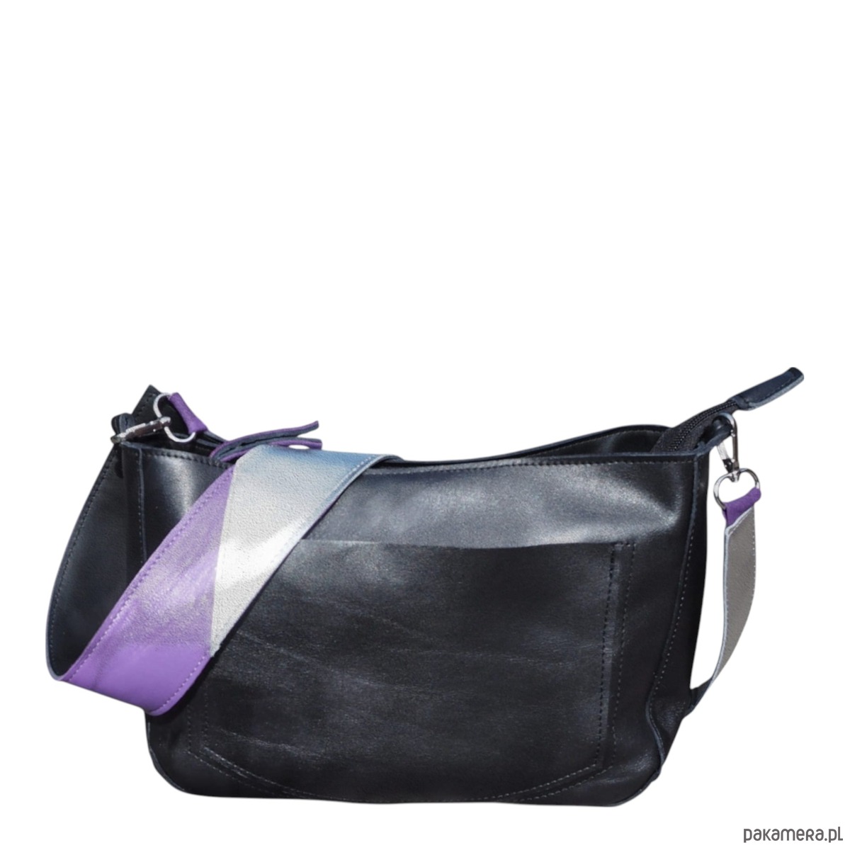 torby na ramię Czarna skórzana listonoszka z szerokim kolorowym  paskiem 1