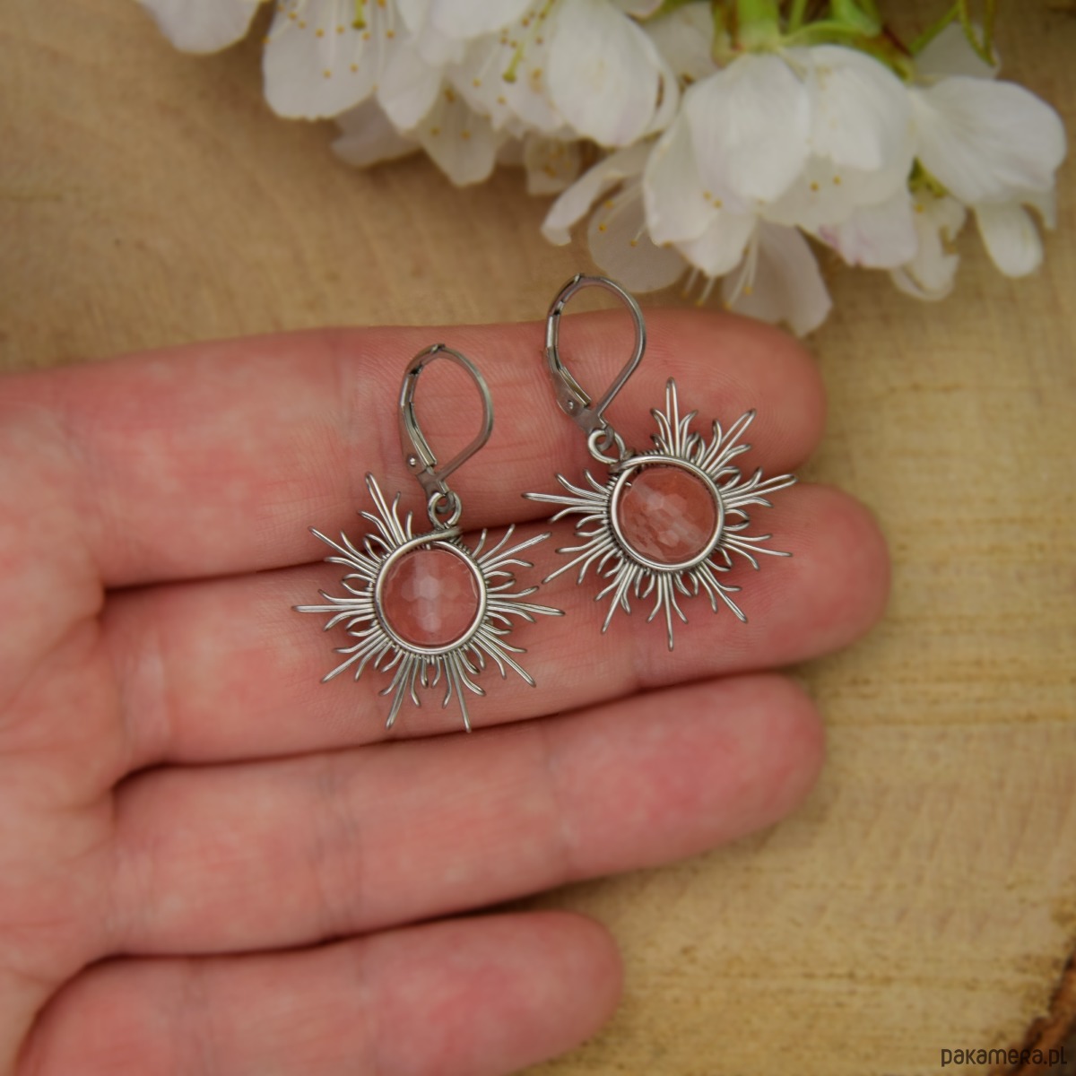 kolczyki wire wrapping Różowe kolczyki słońce kwarc malinowy wire wrapping słoneczka 2