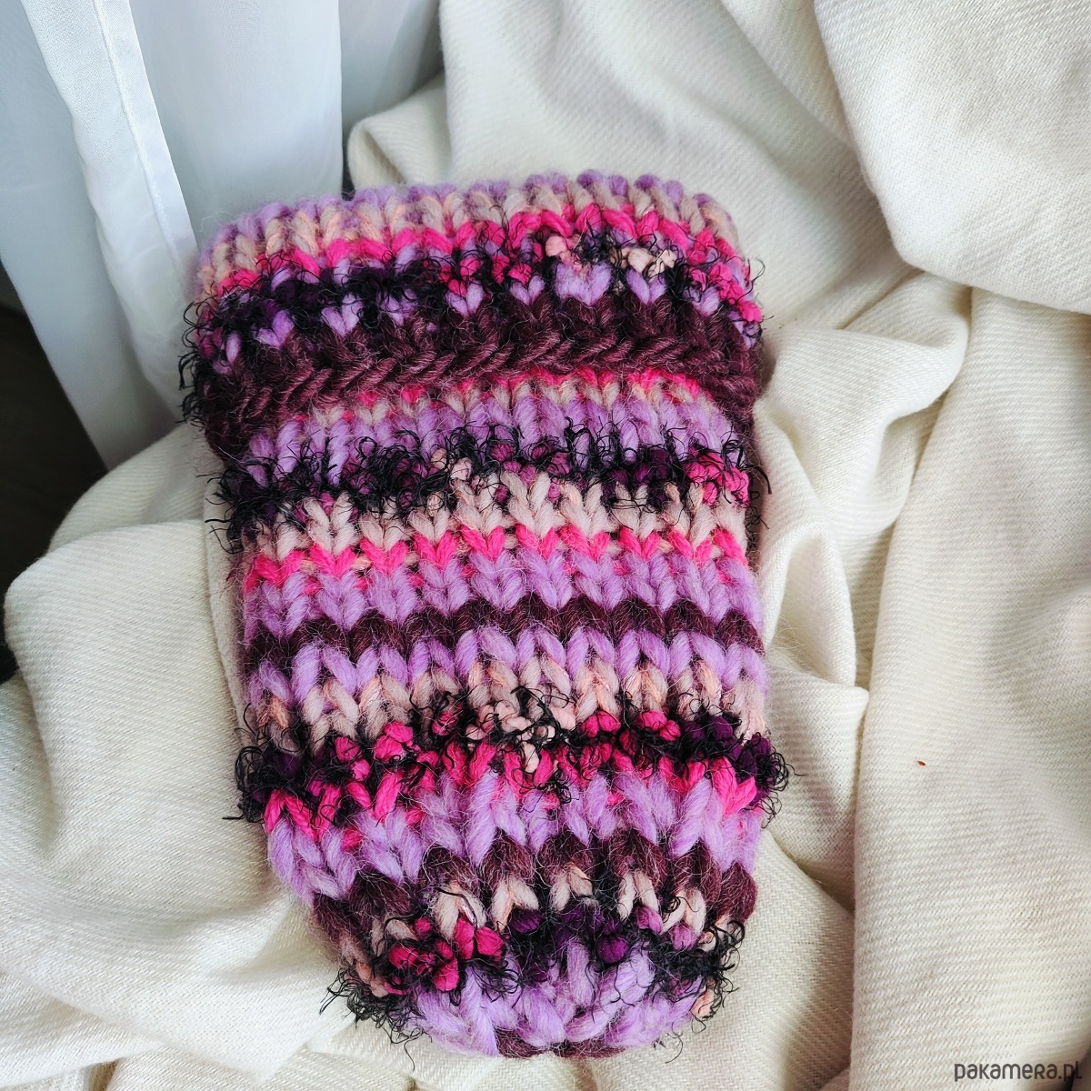 czapki damskie Wełniana kolorowa czapka na drutach WOOLLY pink bubble 5