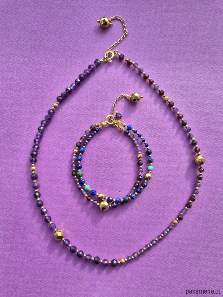 bransoletki z kamieni naturalnych Fioletowo-niebieska bransoletka z ametystów i lapis lazuli z zawieszką 5