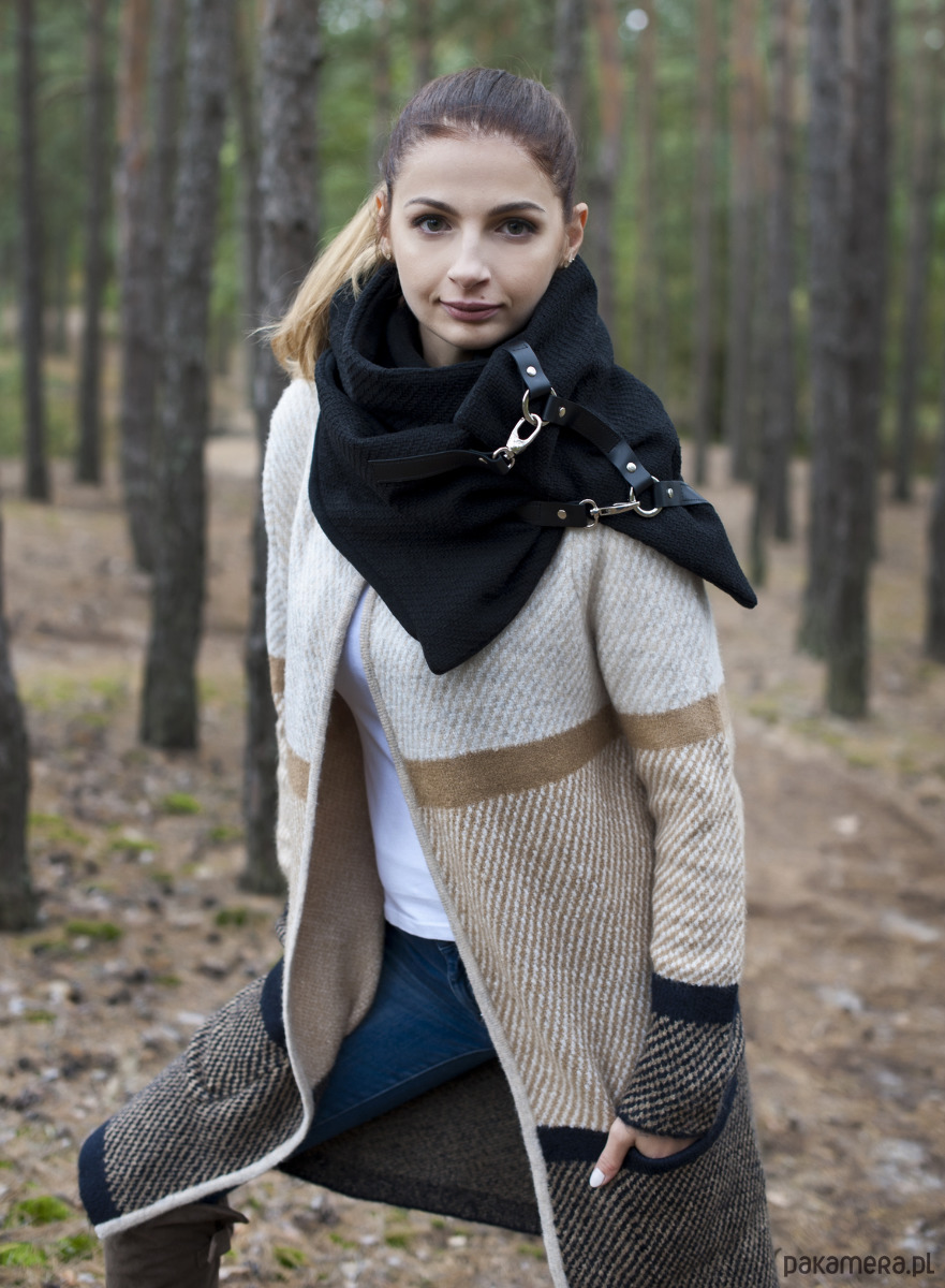 szale damskie Szal wełniany ze skórą, Unisex - Rockowy Czarny 3