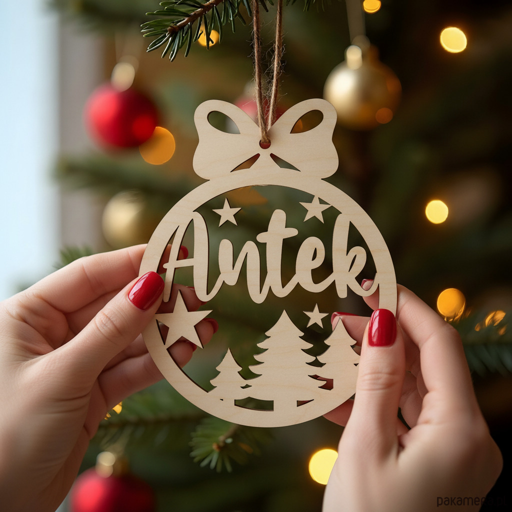 zabawki - inne Drewniana BOMBKA z imieniem personalizowana ozdoba na choinkę 2