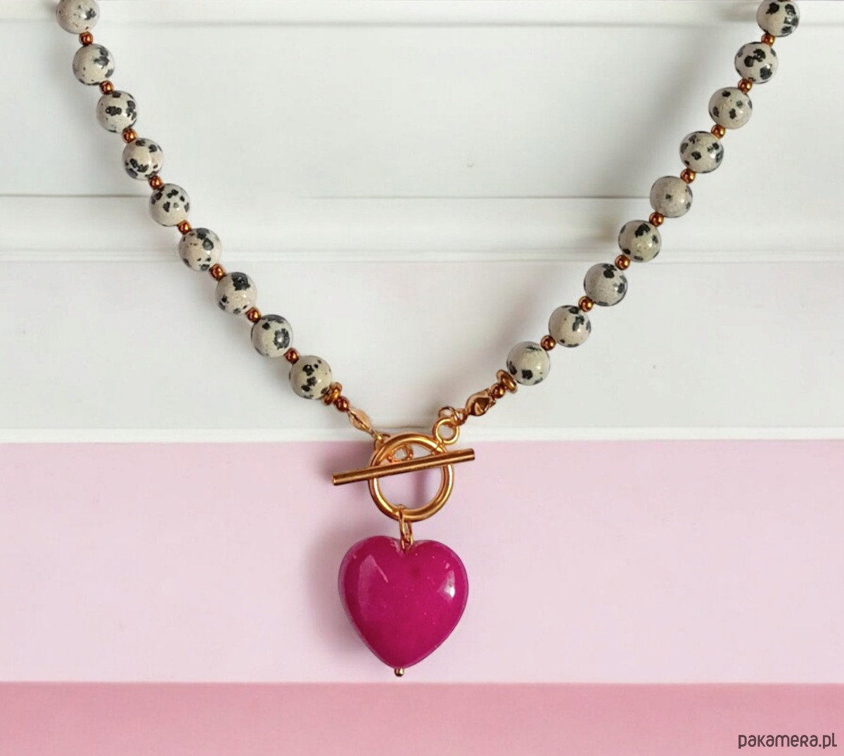 naszyjniki - inne Jaspis dalmatyński i serce : fuksja : naszyjnik 1