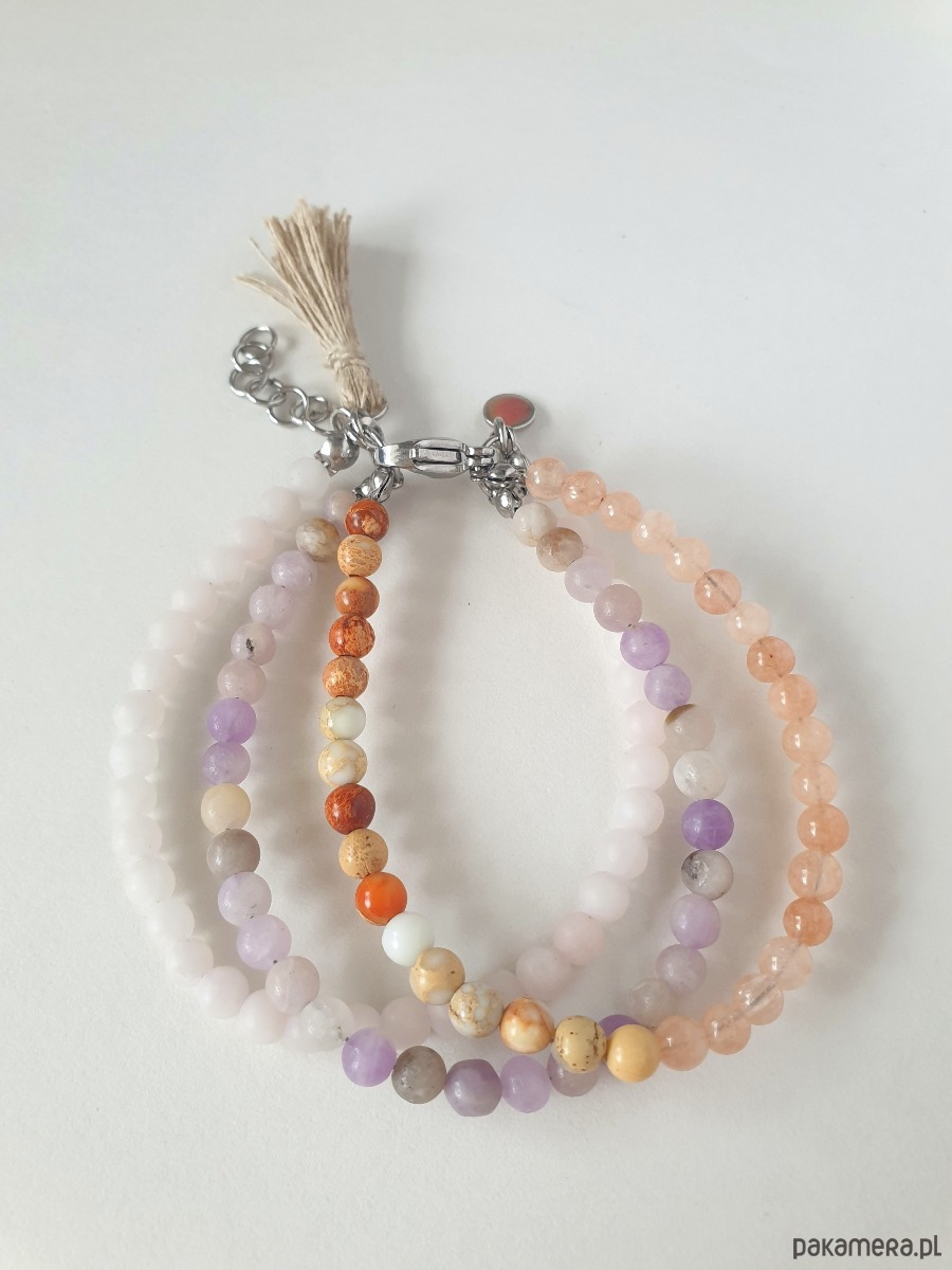bransoletki z kamieni naturalnych Bransoletka TRIO BOHO ART jadeit, jaspis, kwarc, fiolet, pomarańcz,beż 1