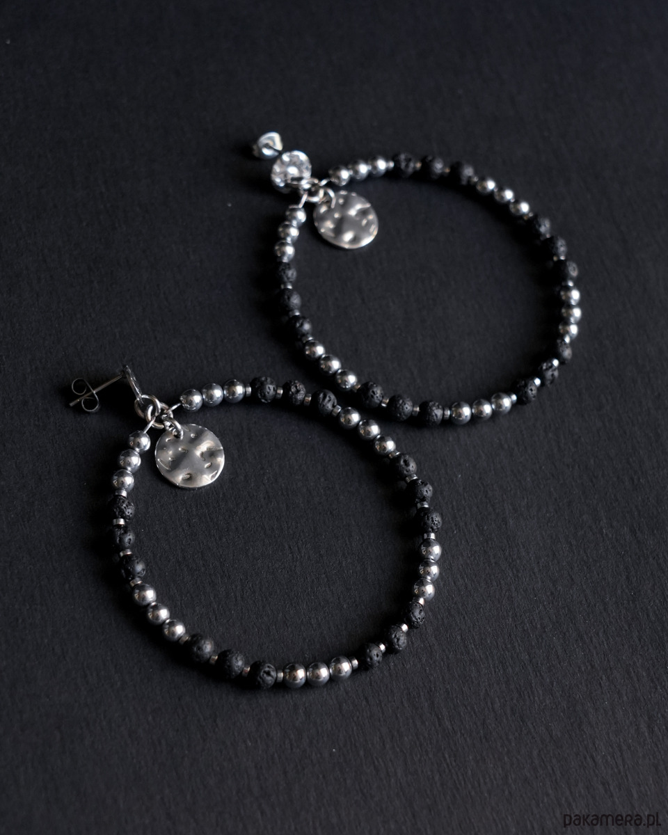 kolczyki z kamieniami Duże kolczyki koła z lawy wulkanicznej i hematytu 1