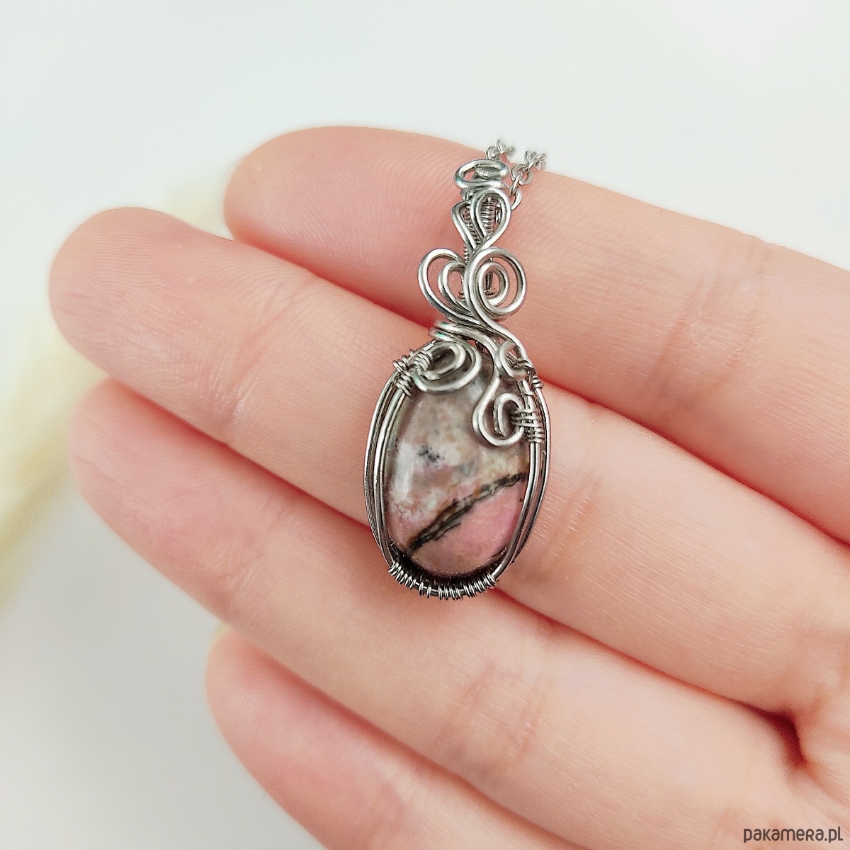 wisiory Naszyjnik Rodonit stal chirurgiczna wisiorek handmade wirewrapping 4