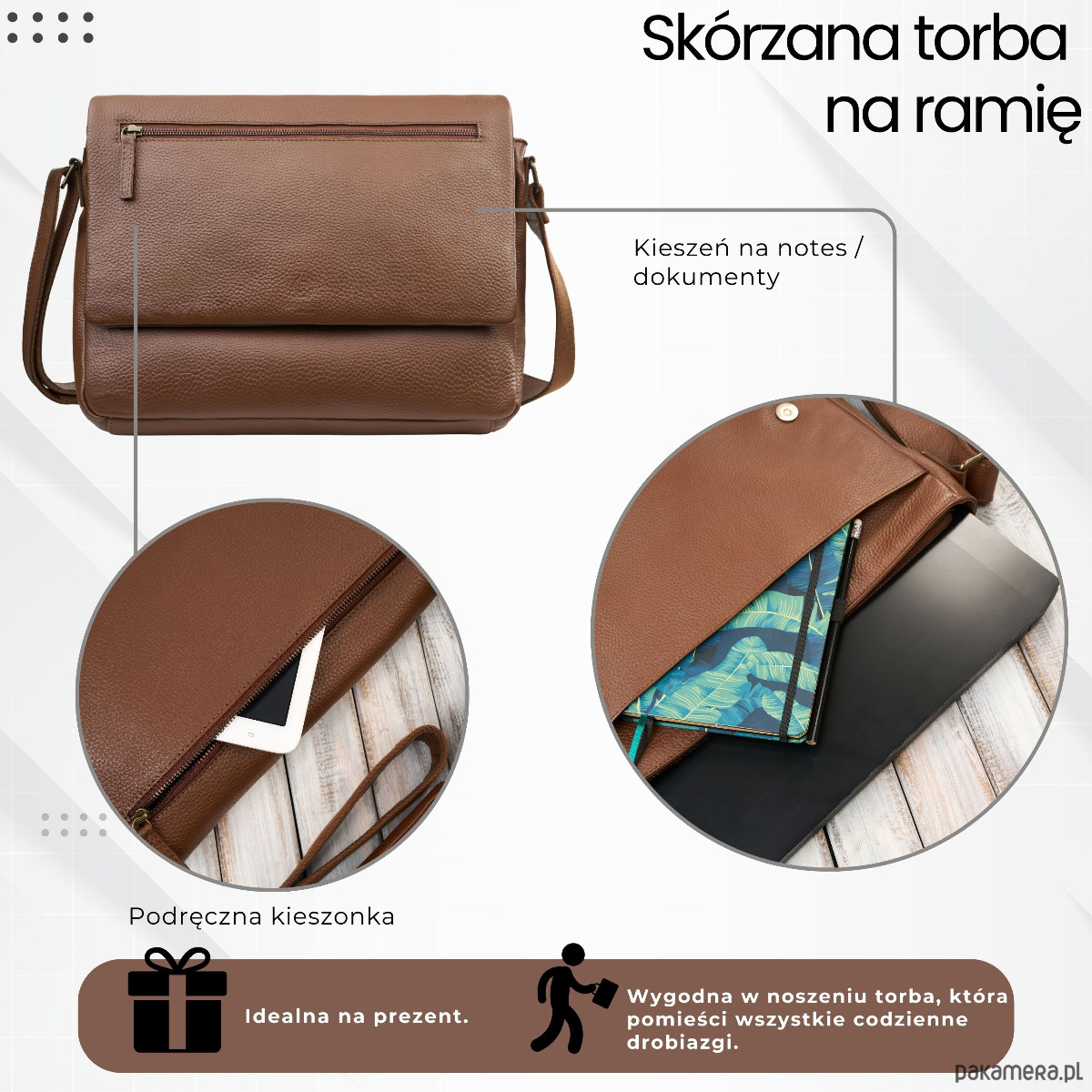 torby i nerki męskie Torba męska skórzana na laptopa na ramię brązowa Paolo Peruzzi IM-03-BR 2