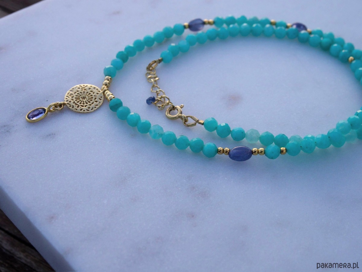 złote naszyjniki Lśniący tanzanit z amazonitami, ekskluzywny naszyjnik 3