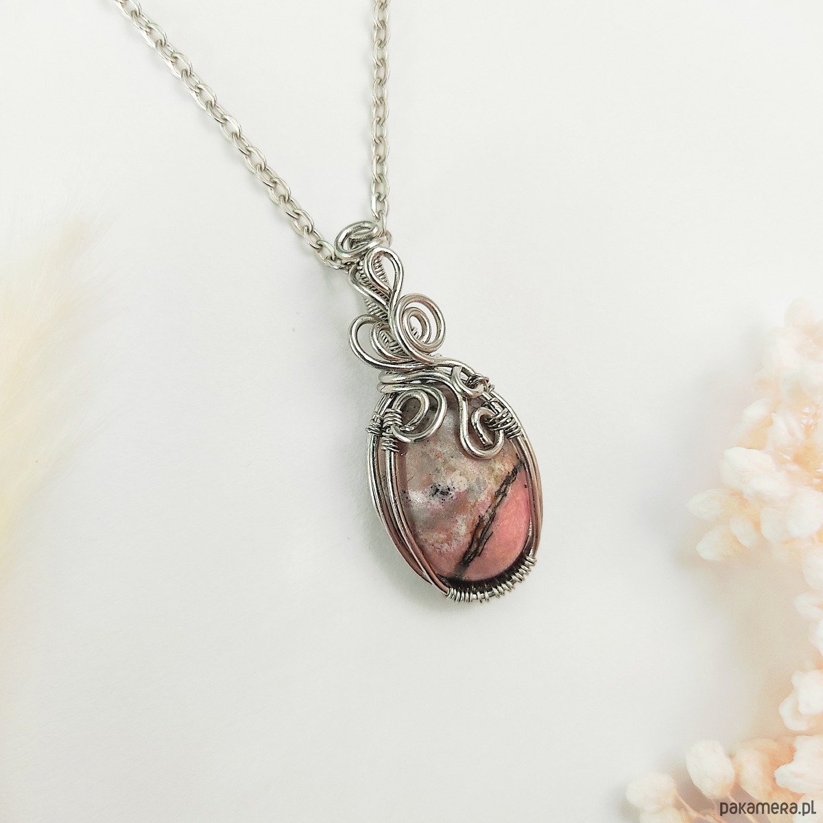 wisiory Naszyjnik Rodonit stal chirurgiczna wisiorek handmade wirewrapping 3