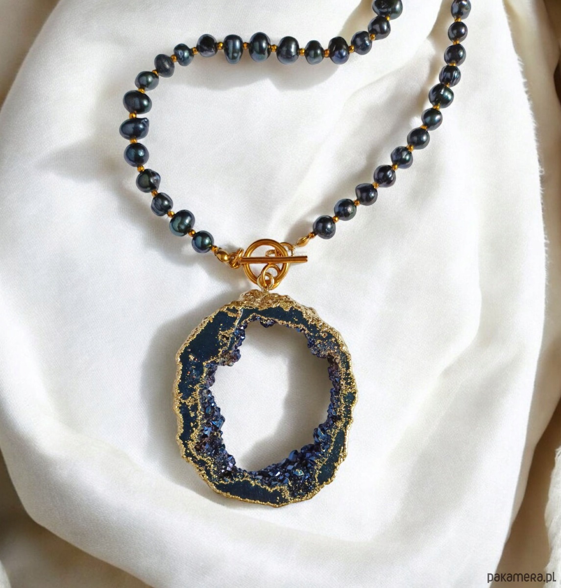 chokery UNIKAT : kwarc tytanowy i granatowe perły 1
