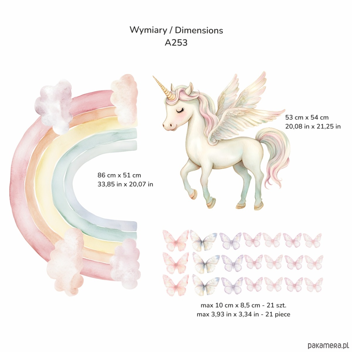 naklejki ścienne do pokoju dziecka Naklejka ścienna Tęcza, Jednorożec i Motylki A253 1