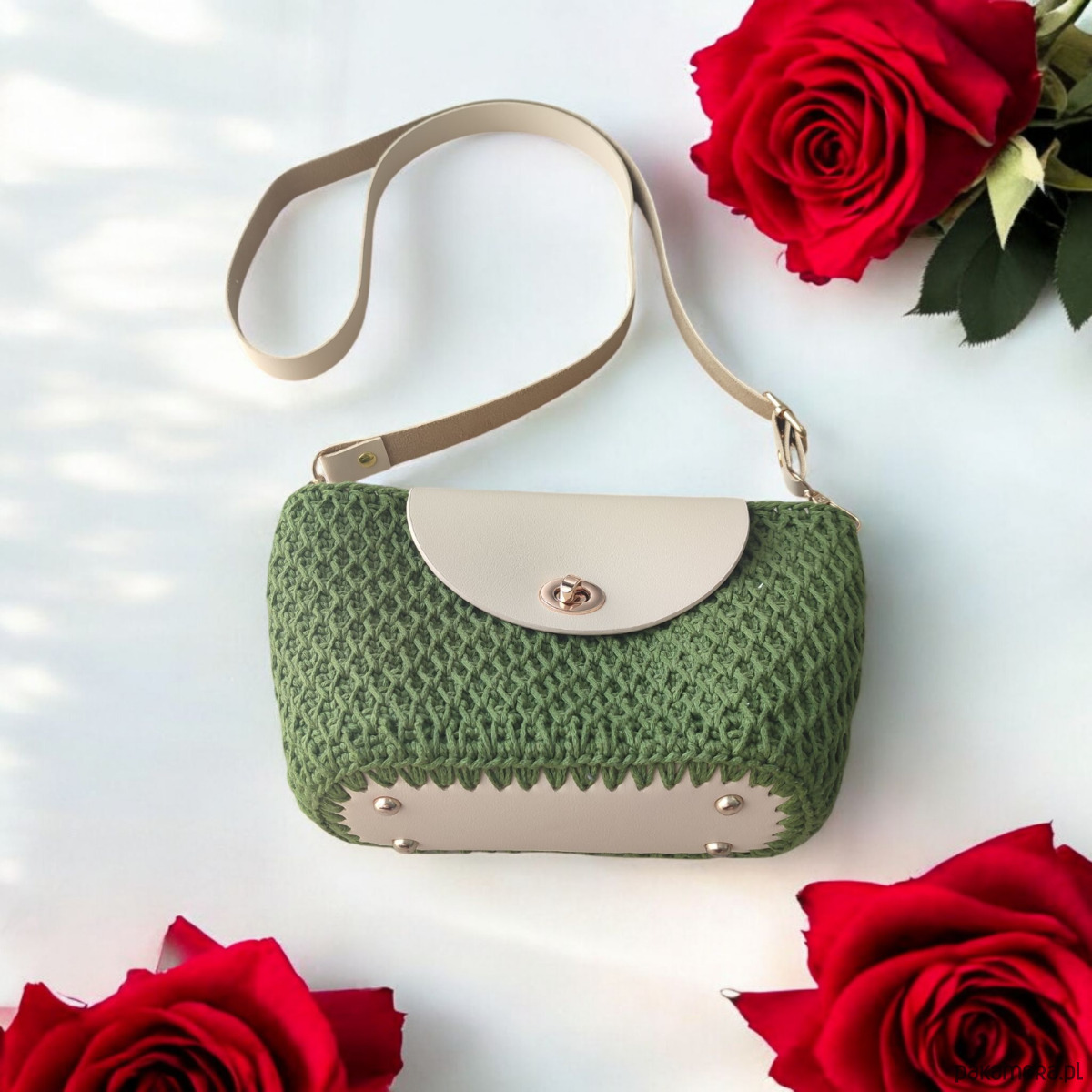 torby na ramię Zielona torebka kuferek z klapką ecru 6
