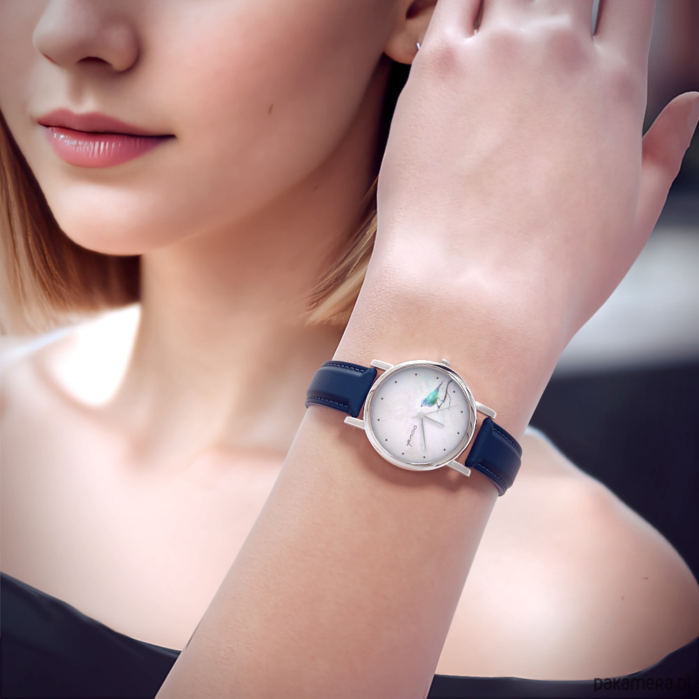 zegarki damskie Zegarek  mały - Turkusowy ptaszek - skórzany, granatowy 1