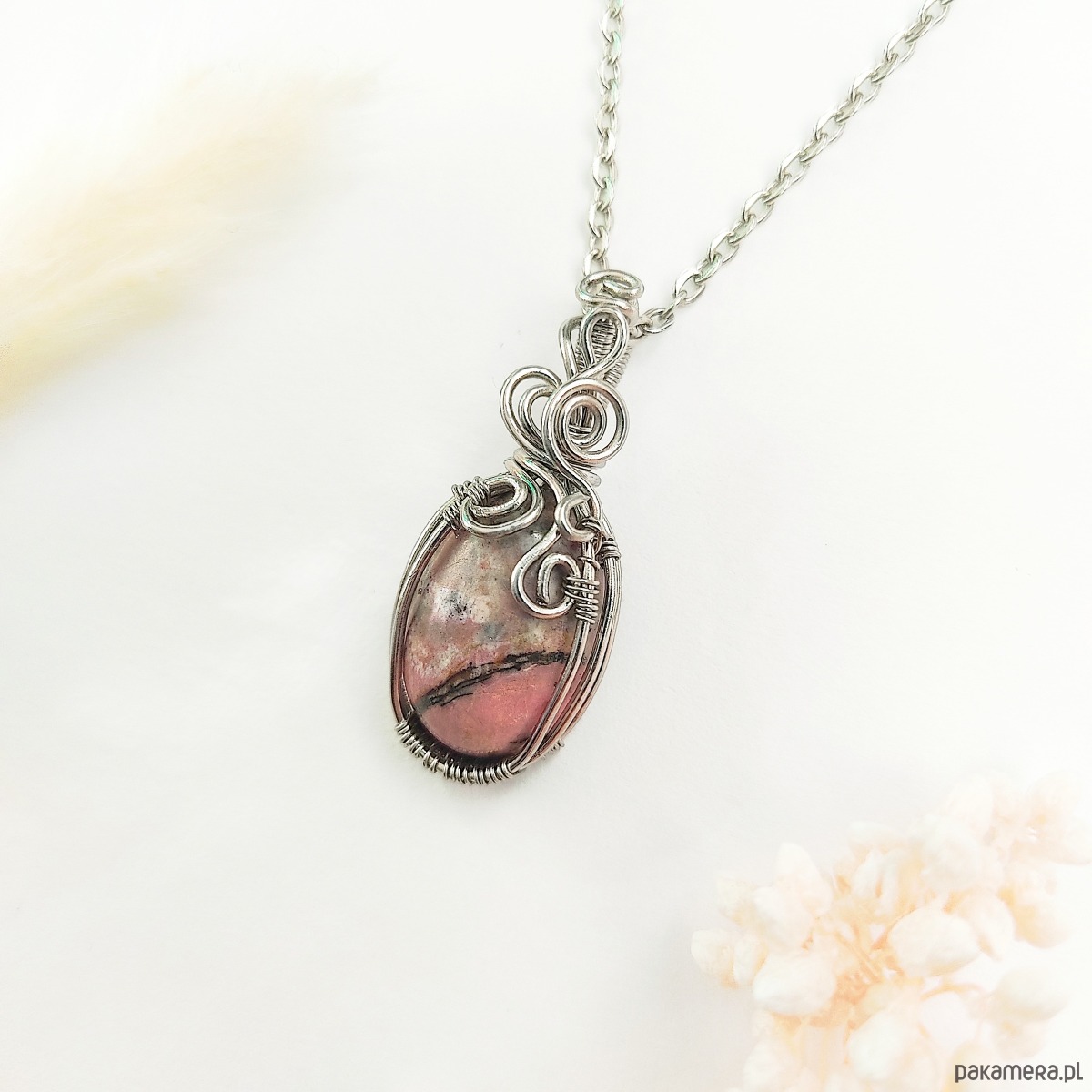 wisiory Naszyjnik Rodonit stal chirurgiczna wisiorek handmade wirewrapping 2