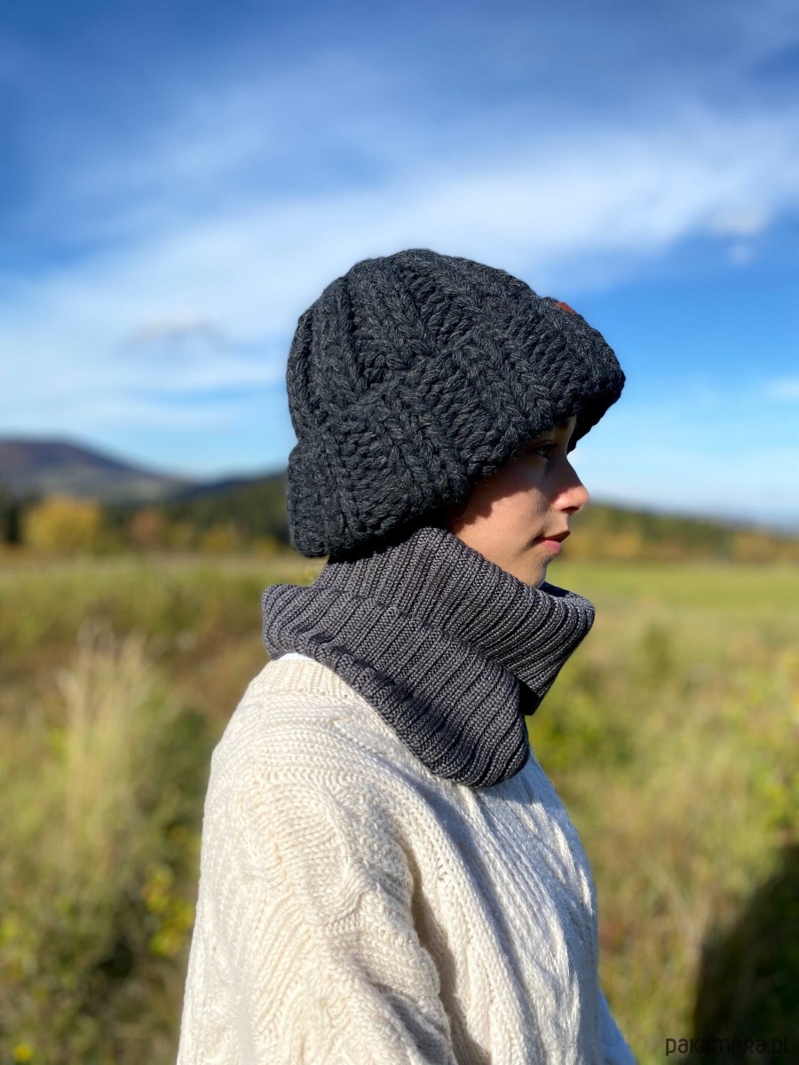 szale damskie Komin merino w prążki Soft Snood - Antracyt 1