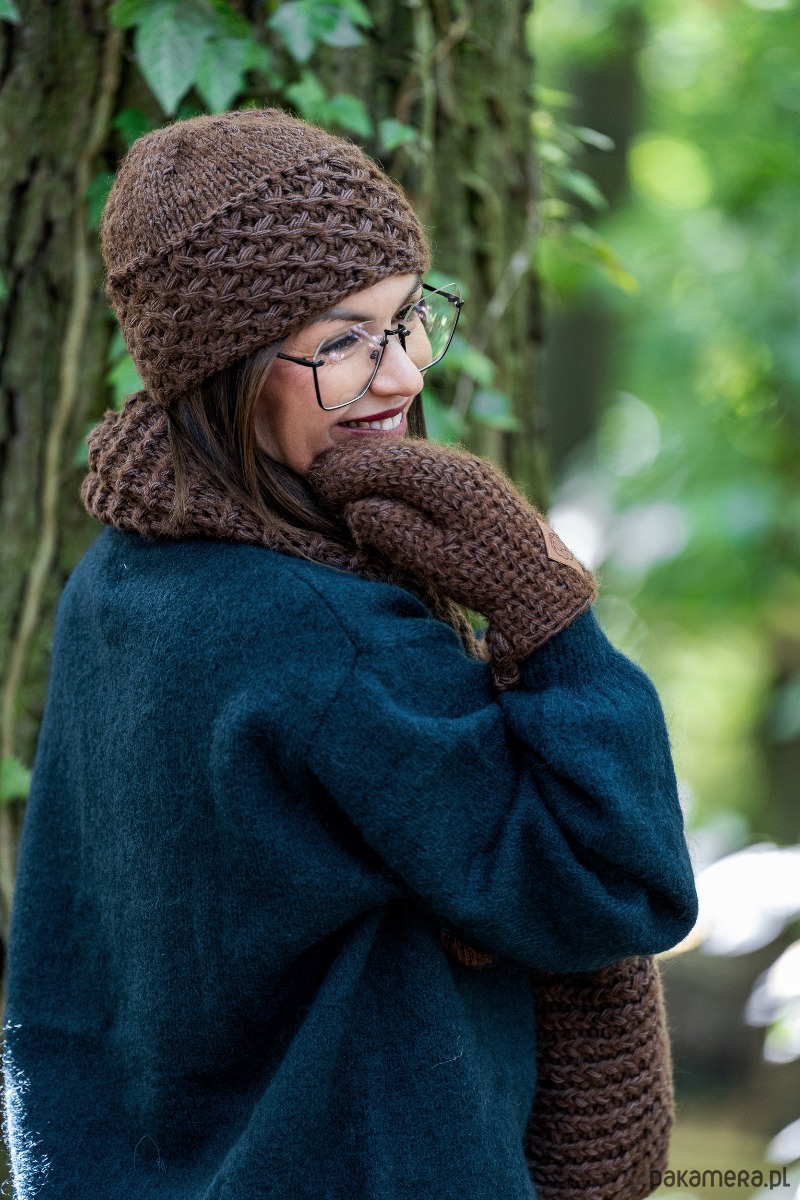 czapki damskie Czapka MERINO Hope Brązowy + podszewka JEDWAB 6