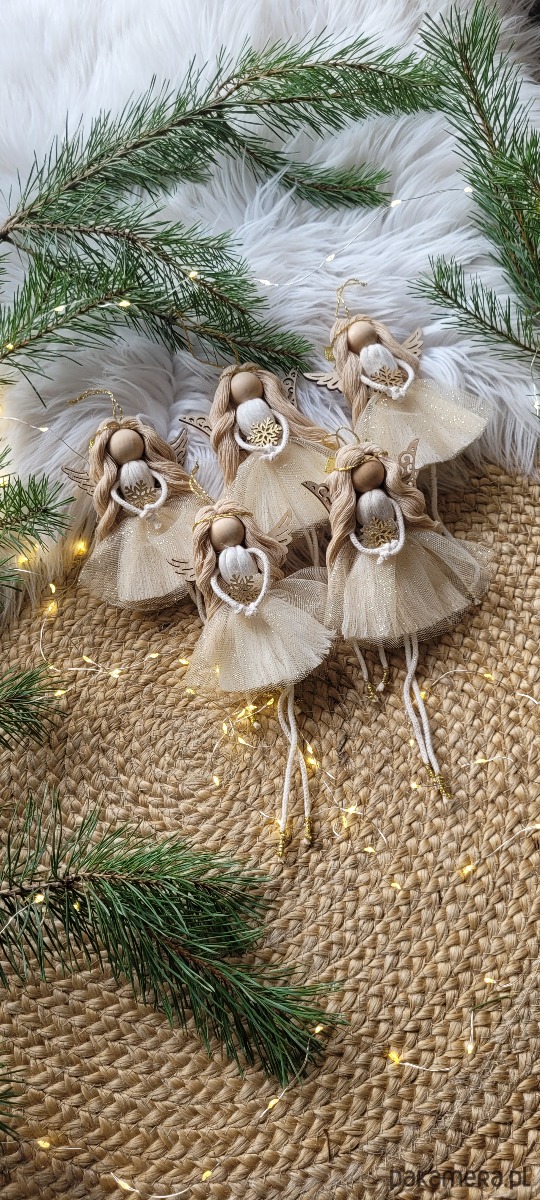 ozdoby choinkowe Świąteczny box aniołki na choinkę boho złote 5 sztuk 2