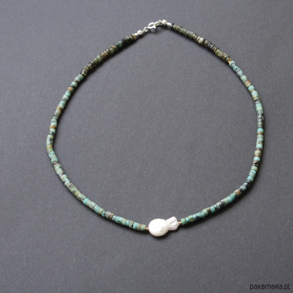 srebrne naszyjniki Naszyjnica z turkusem, zielonym turmalinem i perłą 3