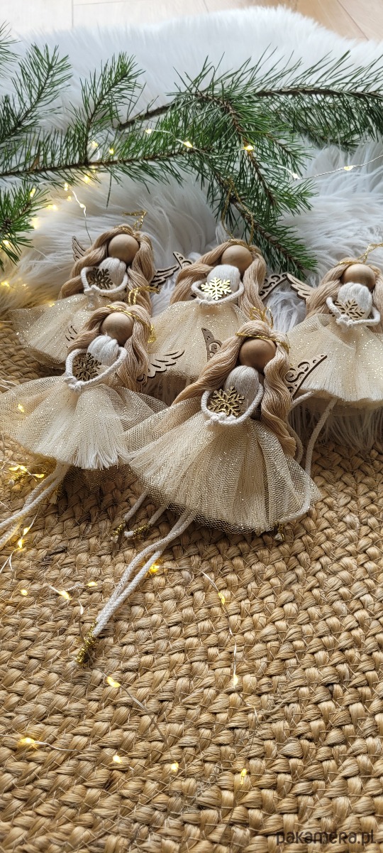 ozdoby choinkowe Świąteczny box aniołki na choinkę boho złote 5 sztuk 3