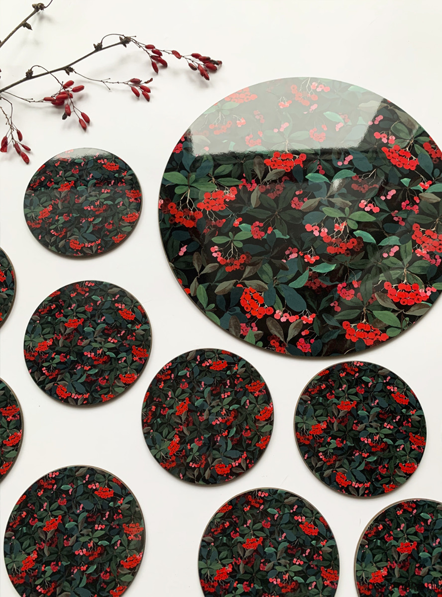 podkładki do kuchni Podkładki pod kubek- Red berries- Zimowe krzewy- Ilustracja 1