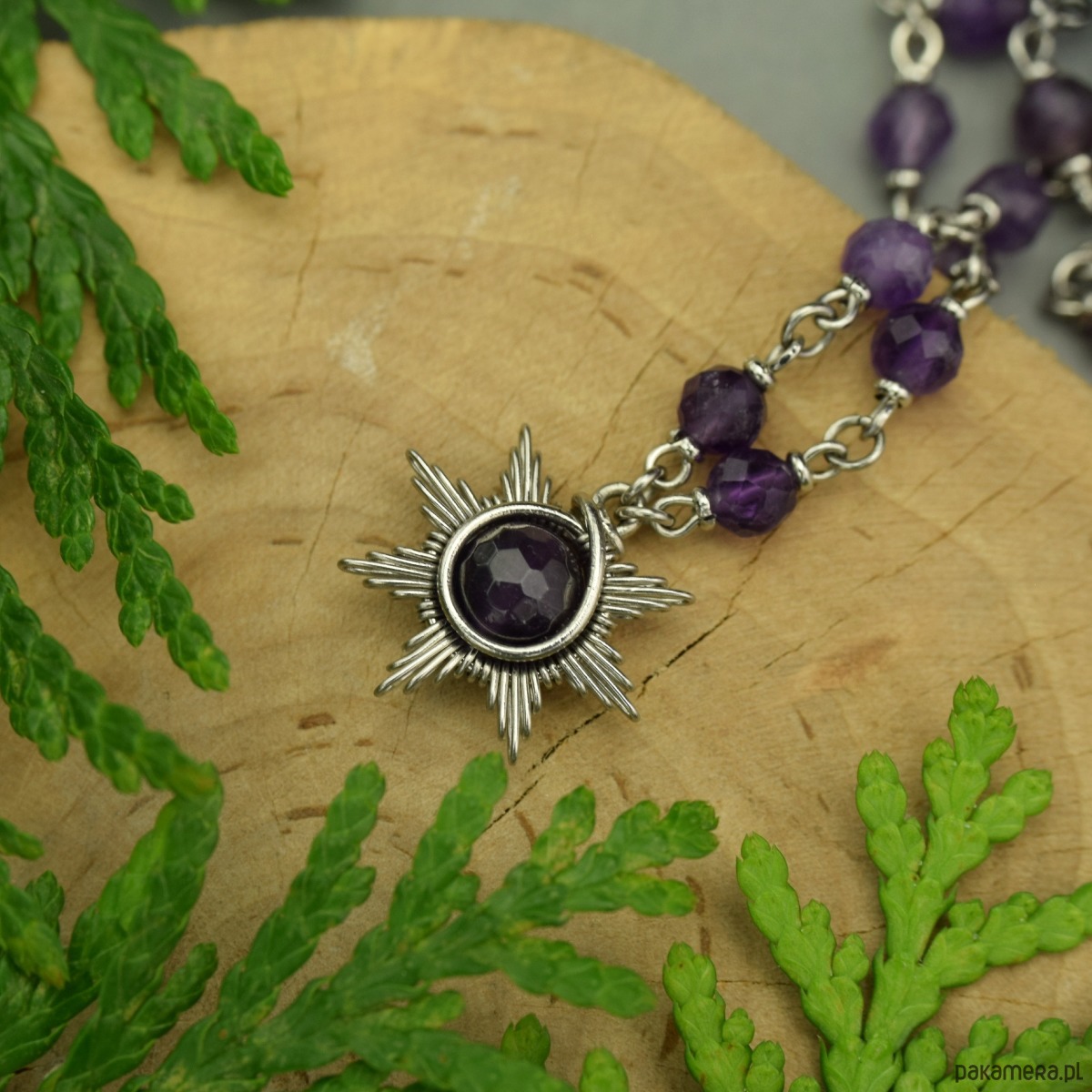 wisiory Naszyjnik słoneczko ametysty wire wrapping słońce gwiazdka gwiazda 3