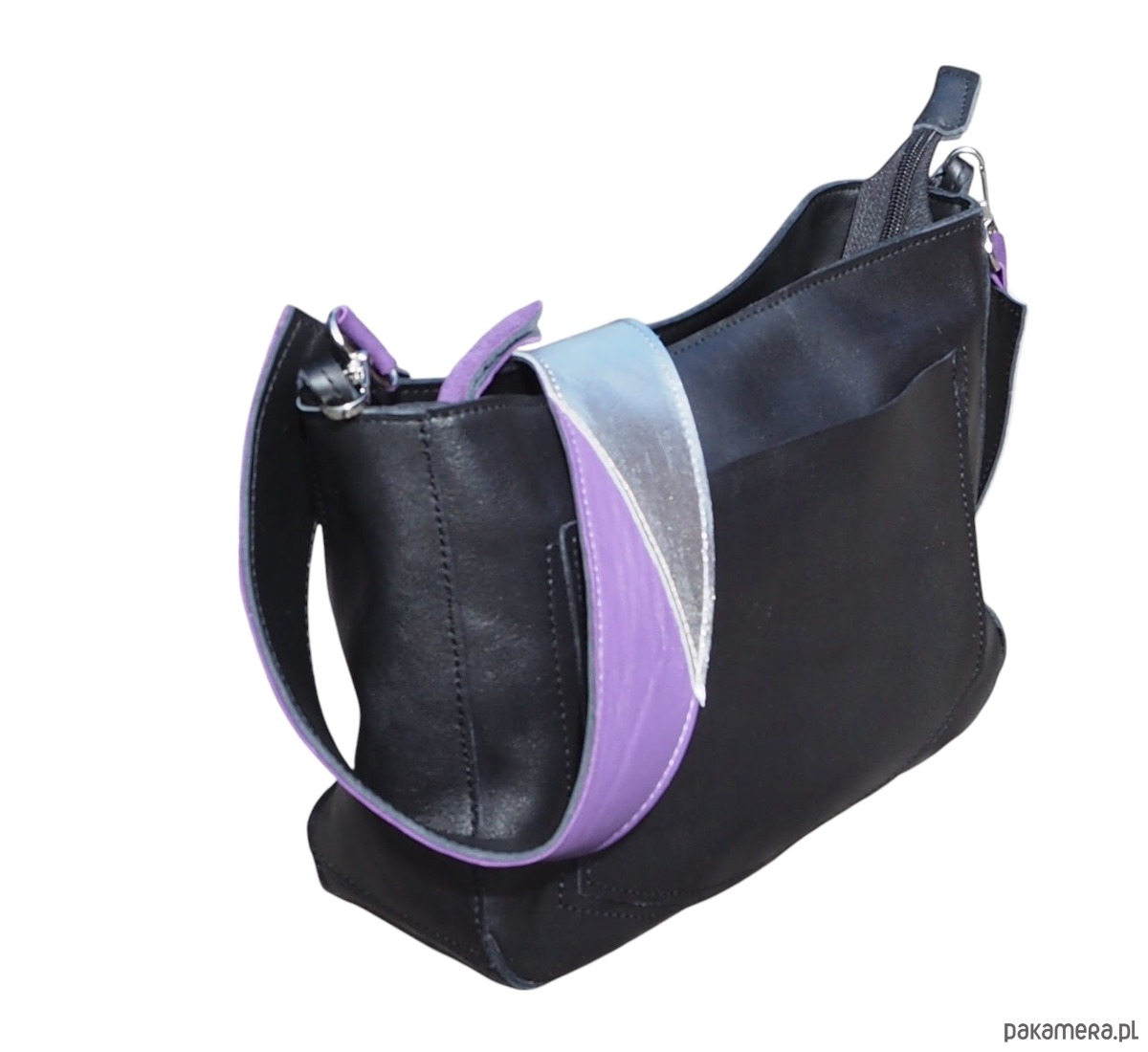 torby na ramię Czarna skórzana listonoszka z szerokim kolorowym  paskiem 4