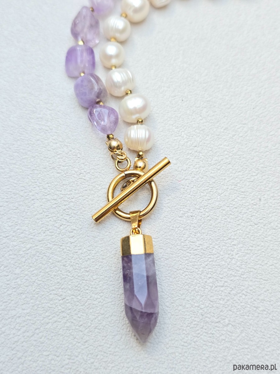 złote naszyjniki Naszyjnik  Perłowo  Ametystowo 1
