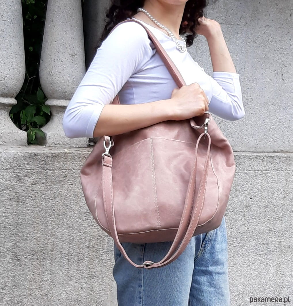 torby na ramię Brudny róż skórzana torba z dużymi kieszeniami 1