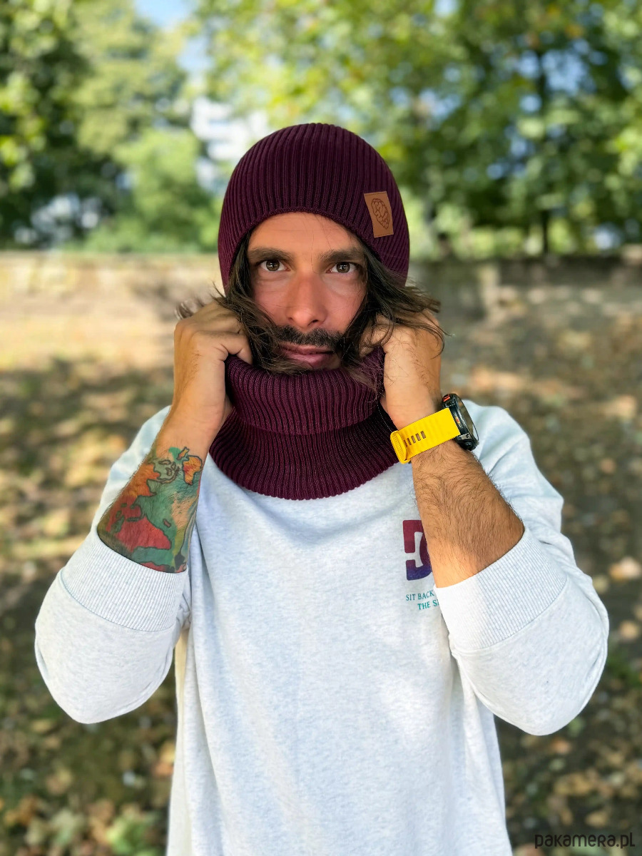 czapki damskie Męska bawełniana czapka jesienna logo ekoskórka Bordo 1