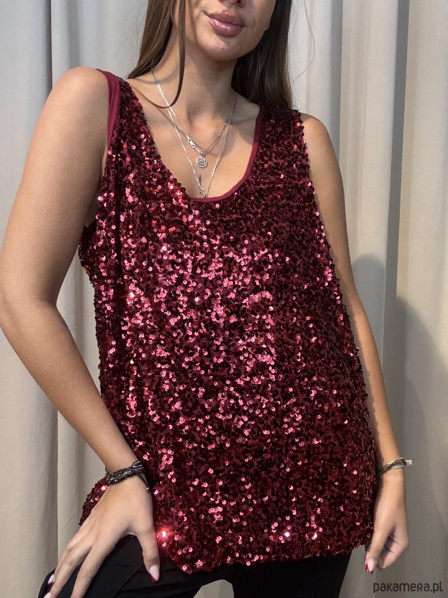 topy damskie Bluzka cekinowa na grubych ramiączkach Rosso 1