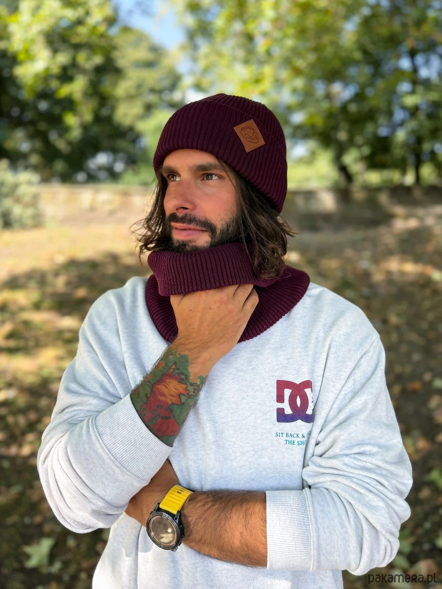 czapki i kapelusze męskie Męska bawełniana czapka beanie logo ekoskórka Bordo 5