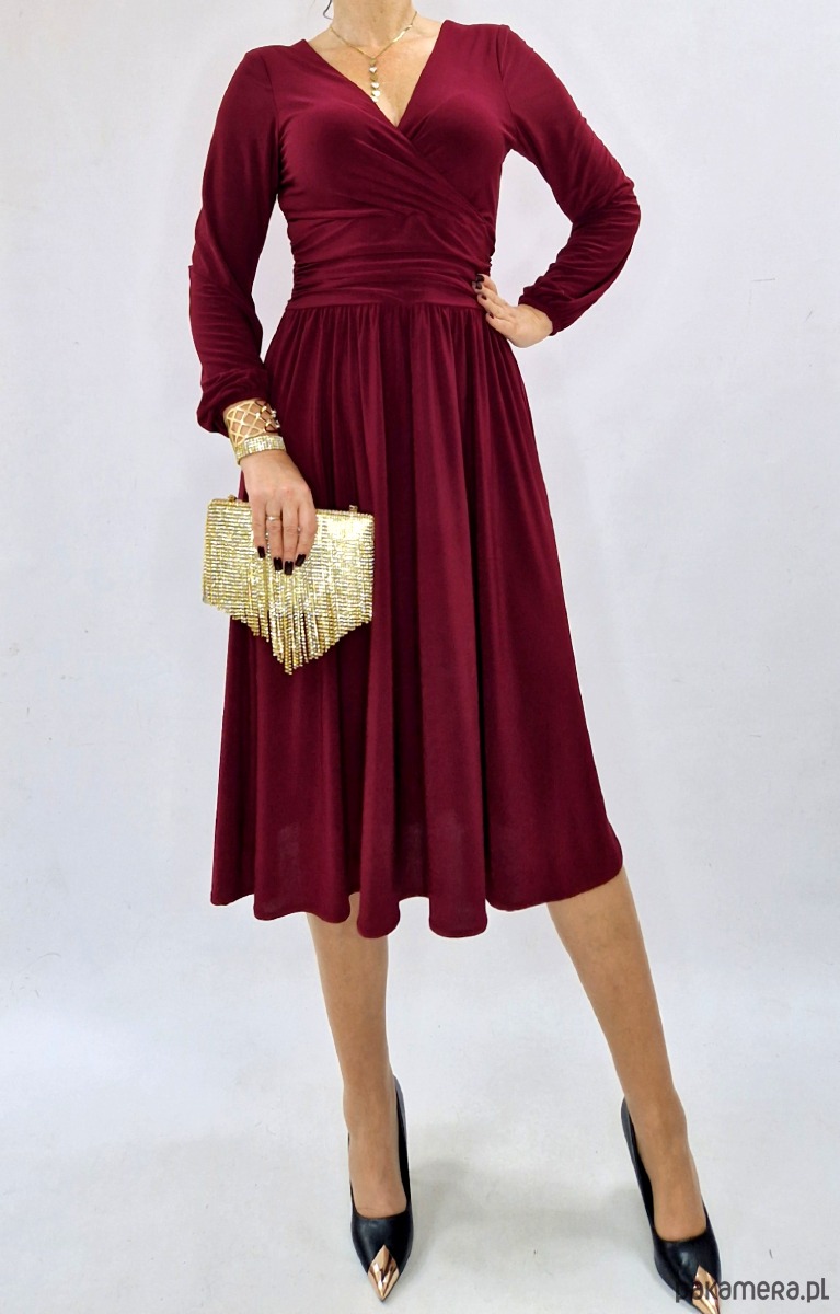 sukienki midi damskie Bordowa  elegancka sukienka  midi draperia r 36-56 4