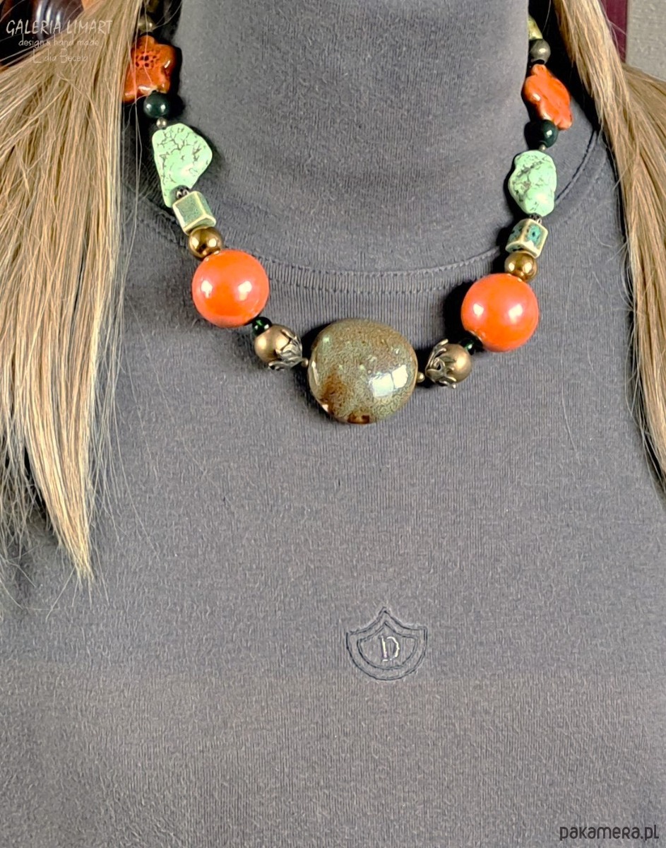 korale Elegancko i unikatowo Naszyjnik w kolorach jesieni z ceramiki i howlitu Prezent 4