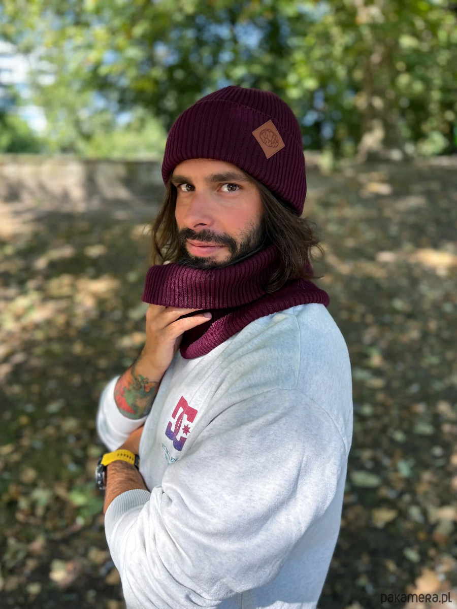 czapki i kapelusze męskie Męska bawełniana czapka beanie logo ekoskórka Bordo 3