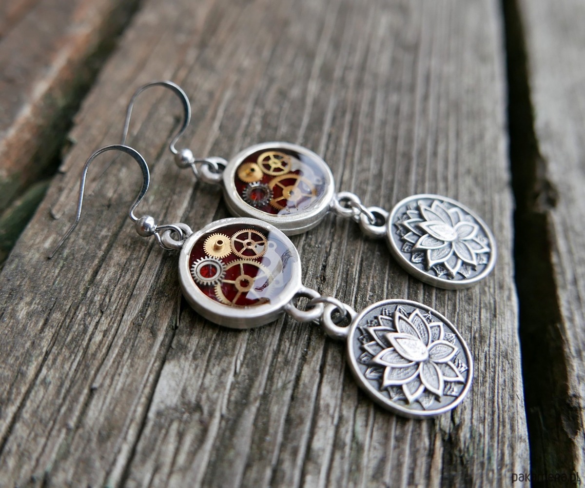 kolczyki z żywicy Kolczyki steampunk z lotosem #2 2