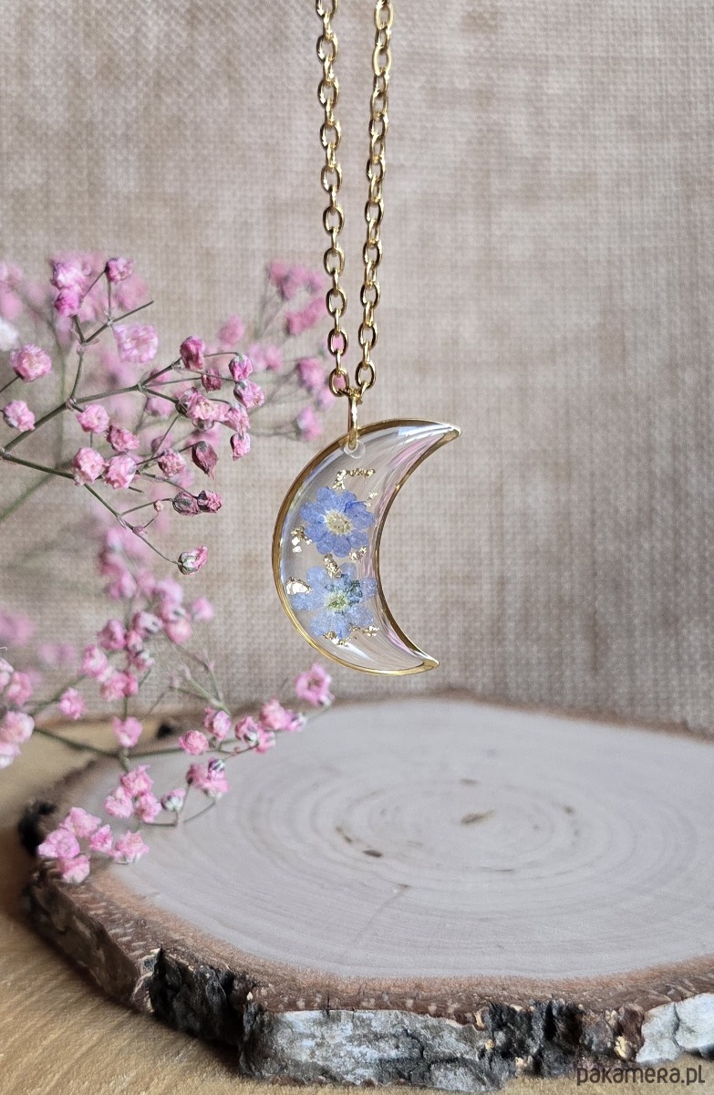 wisiory Złoty wisiorek złota zawieszka księżyc niezapominajki 1