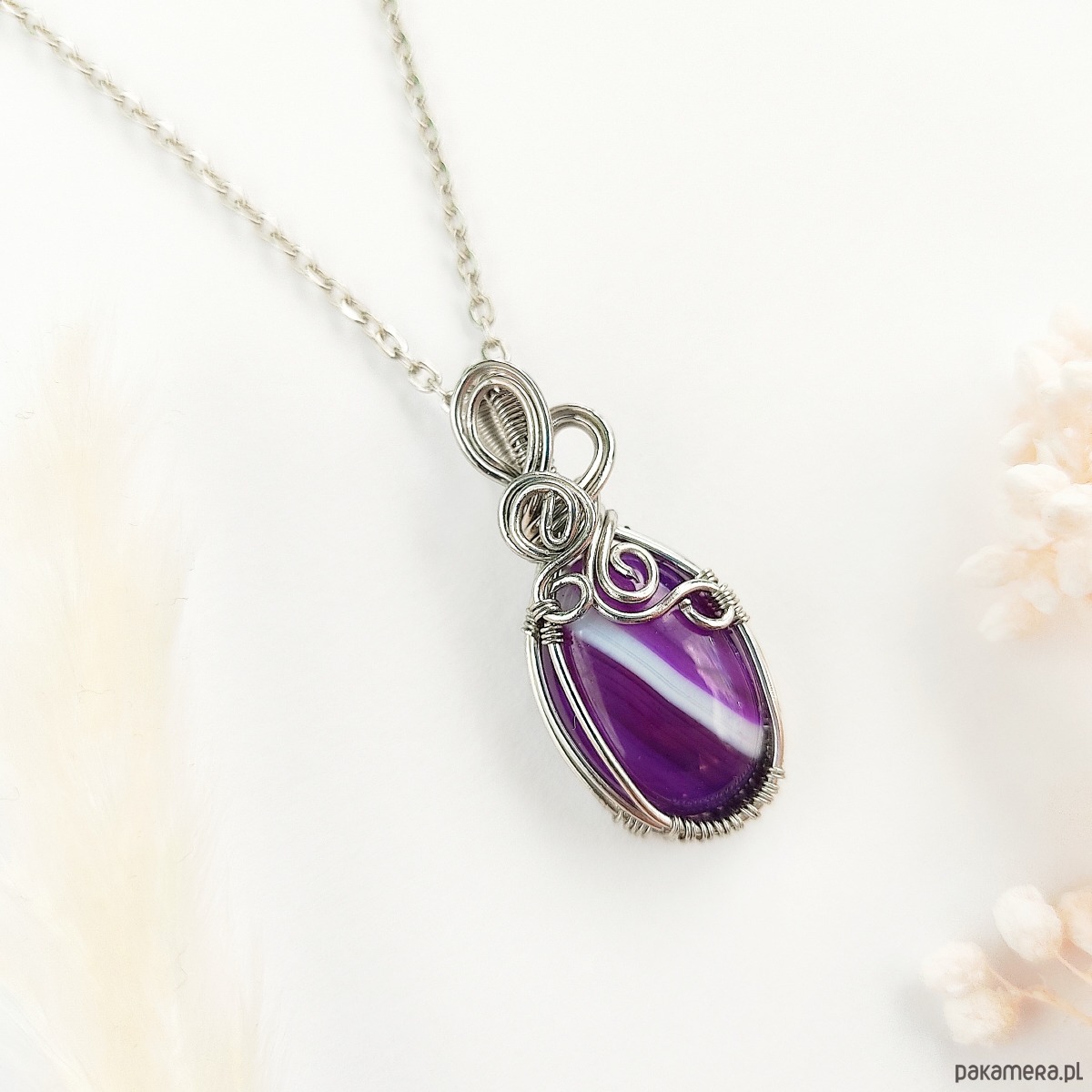 wisiory Naszyjnik Agat Fioletowy stal chirurgiczna wisiorek handmade wirewrapping 2