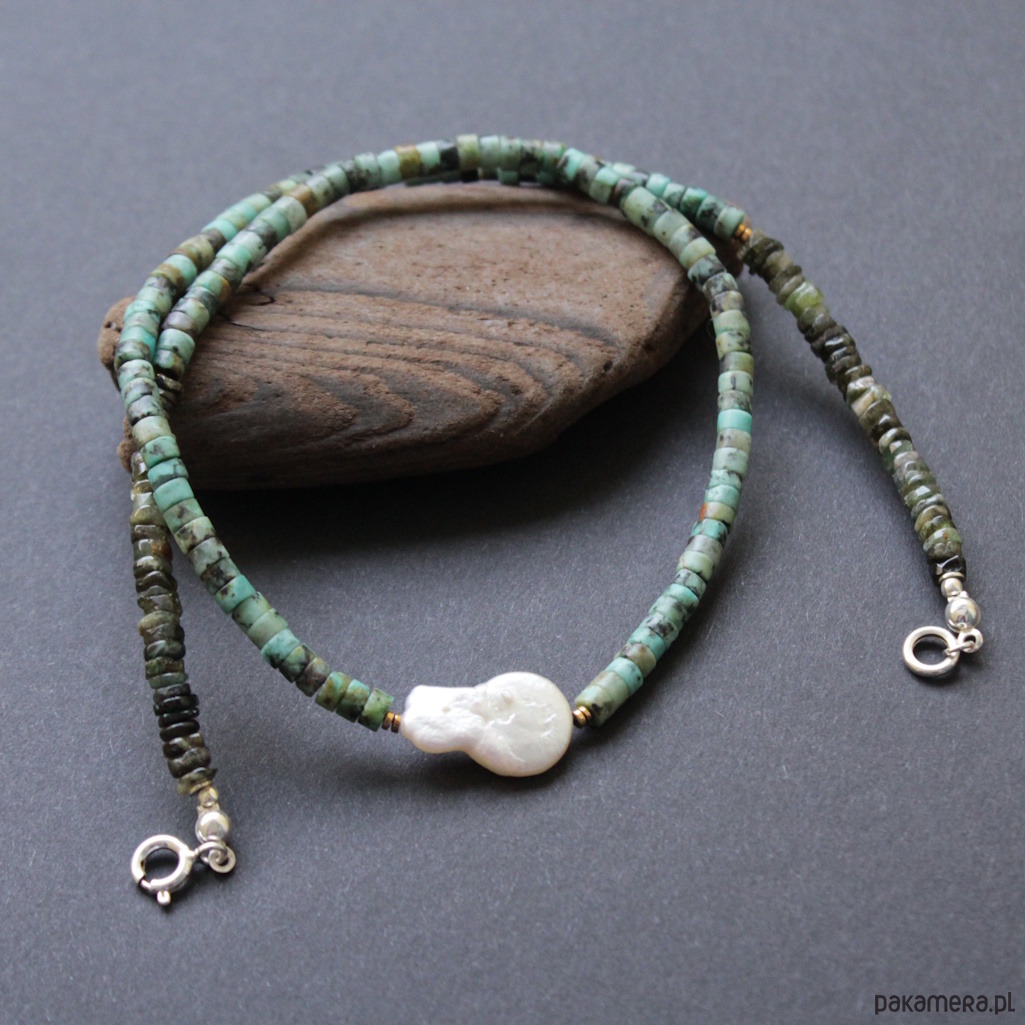 srebrne naszyjniki Naszyjnica z turkusem, zielonym turmalinem i perłą 2