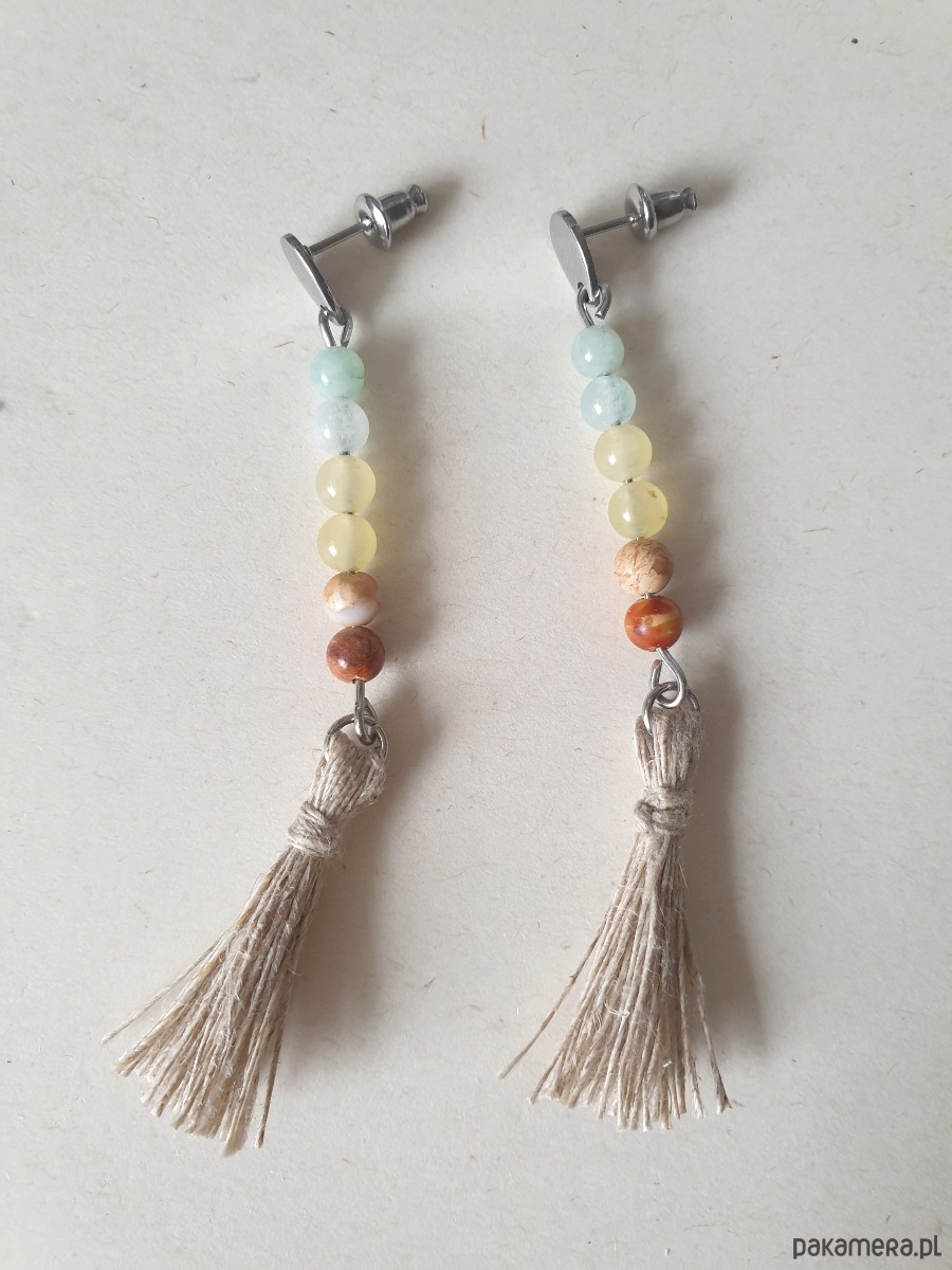 kolczyki z kamieniami Kolczyki BOHO ART z lnianym chwostem, jadeit, jaspis, aqua, żółty, rudy 2