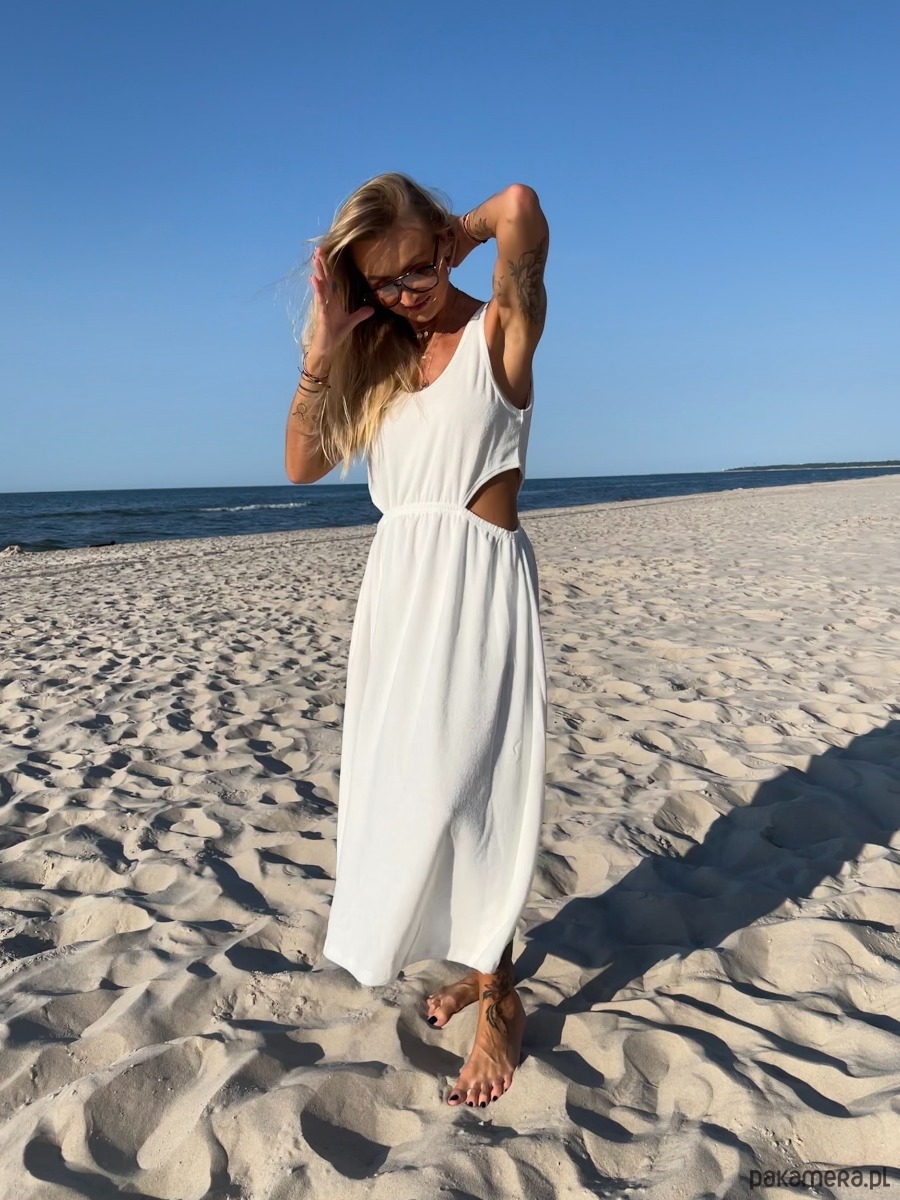 sukienki maxi damskie Sukienka  ECRU z wycięciami 4