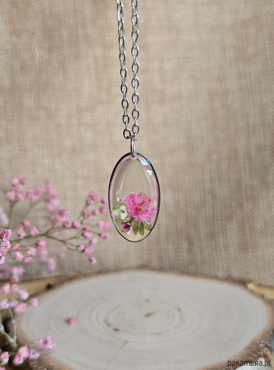 wisiory Srebrna zawieszka jajowata suszone kwiatowy bukiet różowa 1