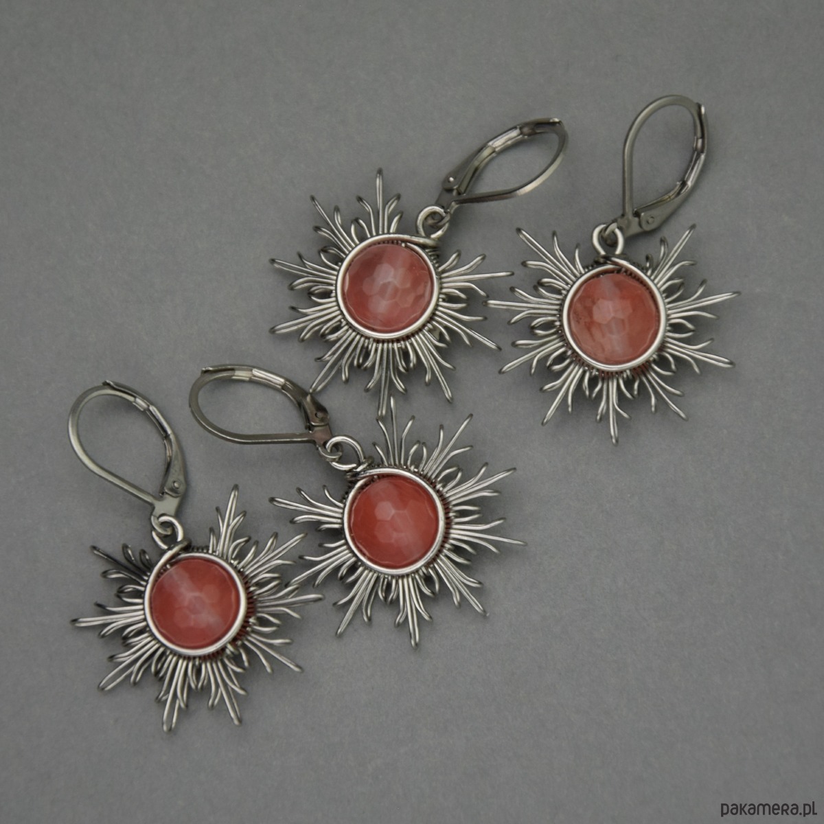 kolczyki wire wrapping Różowe kolczyki słońce kwarc malinowy wire wrapping słoneczka 4