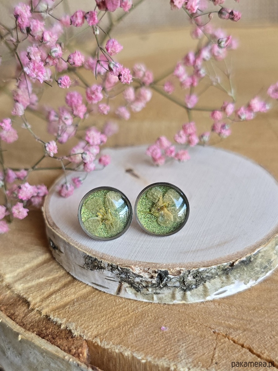 kolczyki z żywicy Kolczyki z kwiatami srebrne kwiaty zielony brokat polny kwiat 1