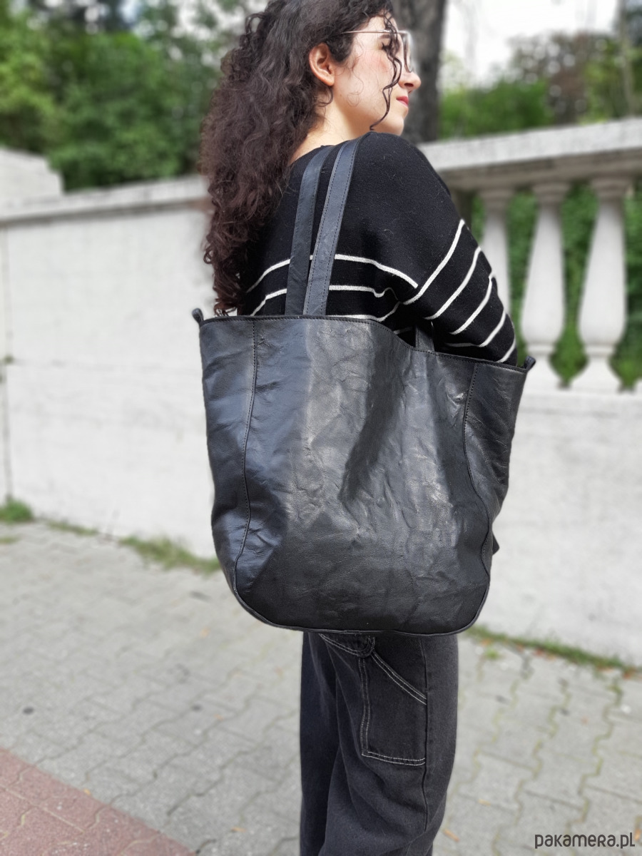 torby na ramię Czarna skórzana torba z gniecionej skóry 1